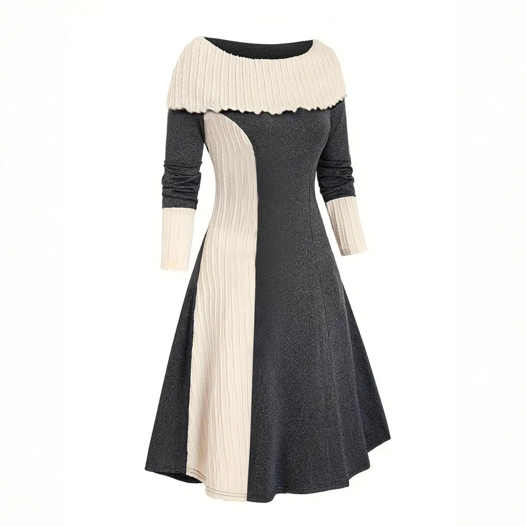 Elegant Scoop Cuffed Long Sleeve Knitted Color-matching Dress