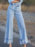 European And American High Waist Beaded Stretch Curling Jeans Wide Leg